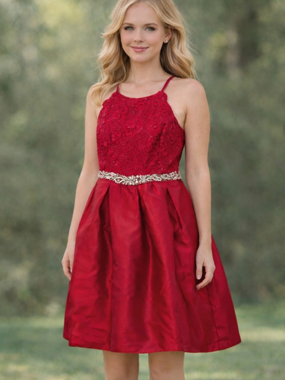 BCX Pomegranate Red Lace Halter Cocktail Dress